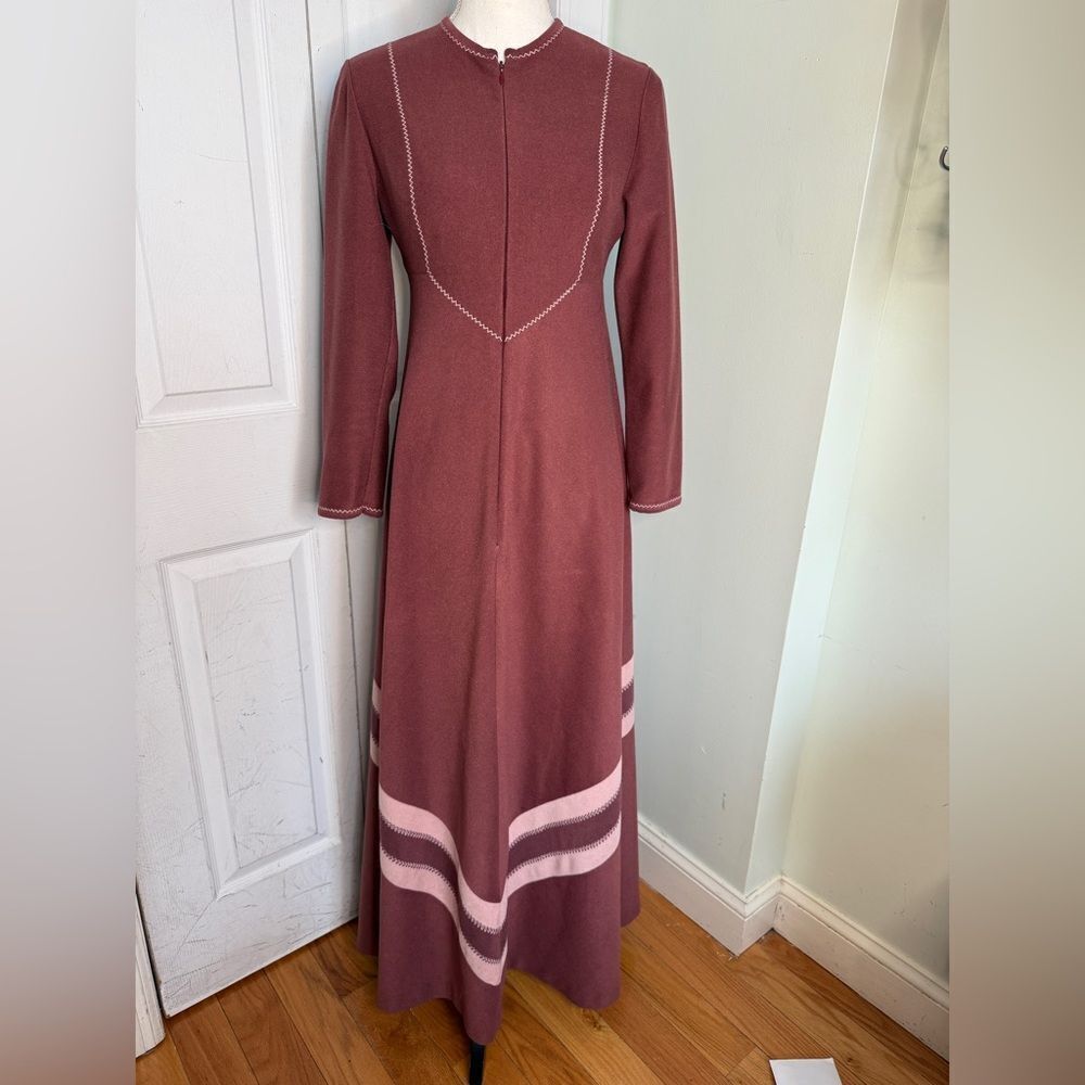 1970s Vassarette Burgundy Pink Chevron Pattern Bohemian Flower Power Maxi Dress